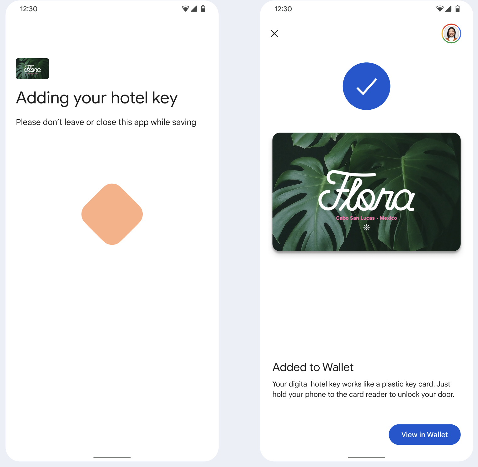 Sur le premier écran, l&#39;application enregistre l&#39;ID sur le téléphone de l&#39;utilisateur. Sur le deuxième écran, un message de confirmation indiquant que l&#39;identifiant est bien enregistré s&#39;affiche.