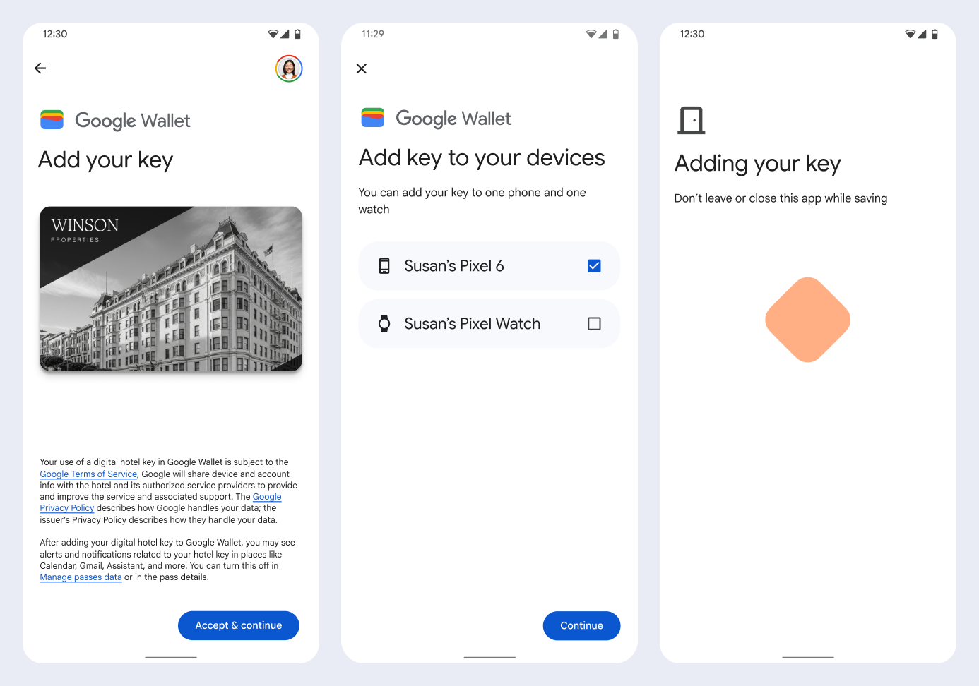 Na primeira tela, o app se conecta à Carteira do Google. Na
       segunda tela, o usuário aceita os Termos de Serviço e continua.