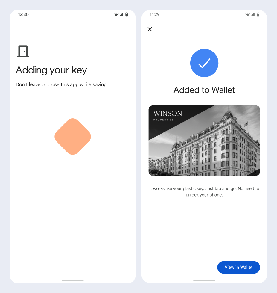 Sur le premier écran, l'application enregistre l'ID sur le téléphone de l'utilisateur. Sur le deuxième écran, un message de confirmation indiquant que l'identifiant est bien enregistré s'affiche.