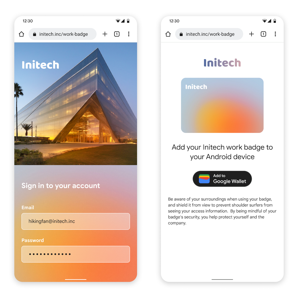 প্রথম স্ক্রিনে, ব্যবহারকারী ওয়েবসাইটে লগ ইন করেন। দ্বিতীয় স্ক্রিনে, ব্যবহারকারী গুগল ওয়ালেটে যোগ করুন বোতামটি দেখেন এবং নির্বাচন করেন।