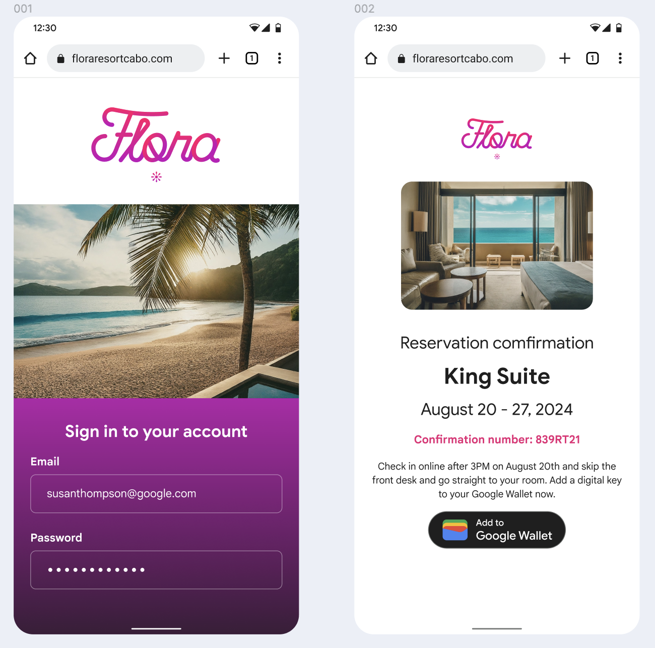 Na pierwszym ekranie użytkownik loguje się w witrynie. Na drugim ekranie użytkownik wyświetla i wybiera przycisk Dodaj do Portfela Google.