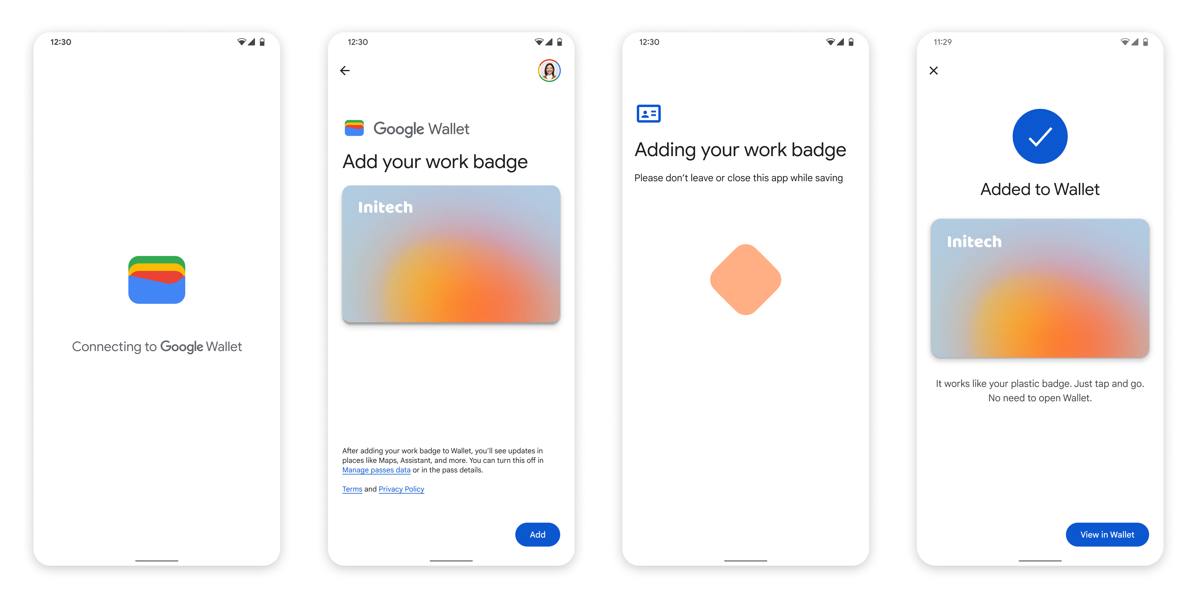 पहली स्क्रीन में, उपयोगकर्ता को Google Wallet में लोडिंग स्क्रीन दिखाई गई है. दूसरी स्क्रीन में, उपयोगकर्ता को नियम और शर्तें दिखाई जाती हैं. तीसरी स्क्रीन में, उपयोगकर्ता को एक और लोडिंग स्क्रीन दिखाई गई है. चौथी स्क्रीन में, उपयोगकर्ता को यह दिखाया जाता है कि खाता लिंक करने की प्रोसेस पूरी हो गई है.