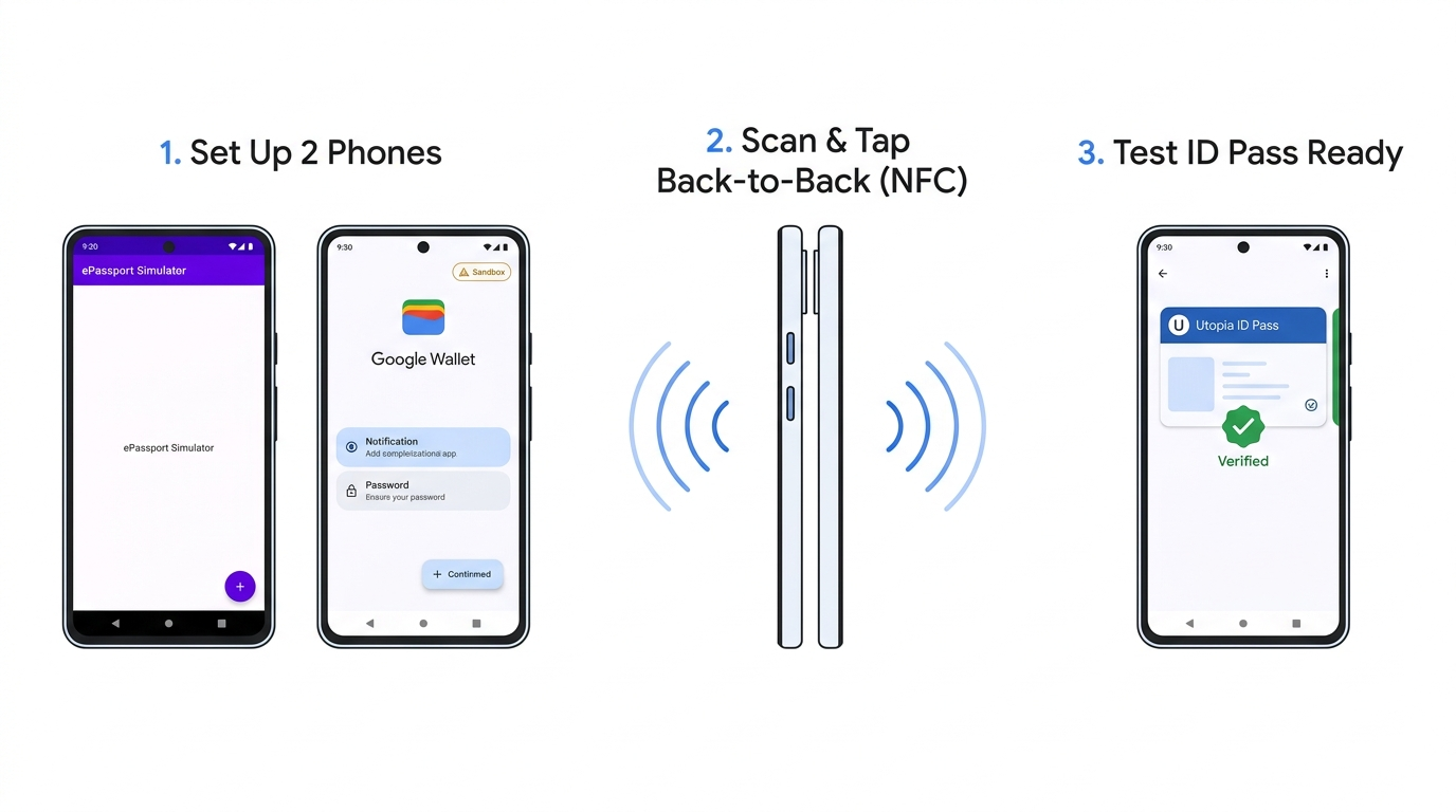 Three-step process using two Android phones with NFC to add a Utopia test ID pass to Google Wallet