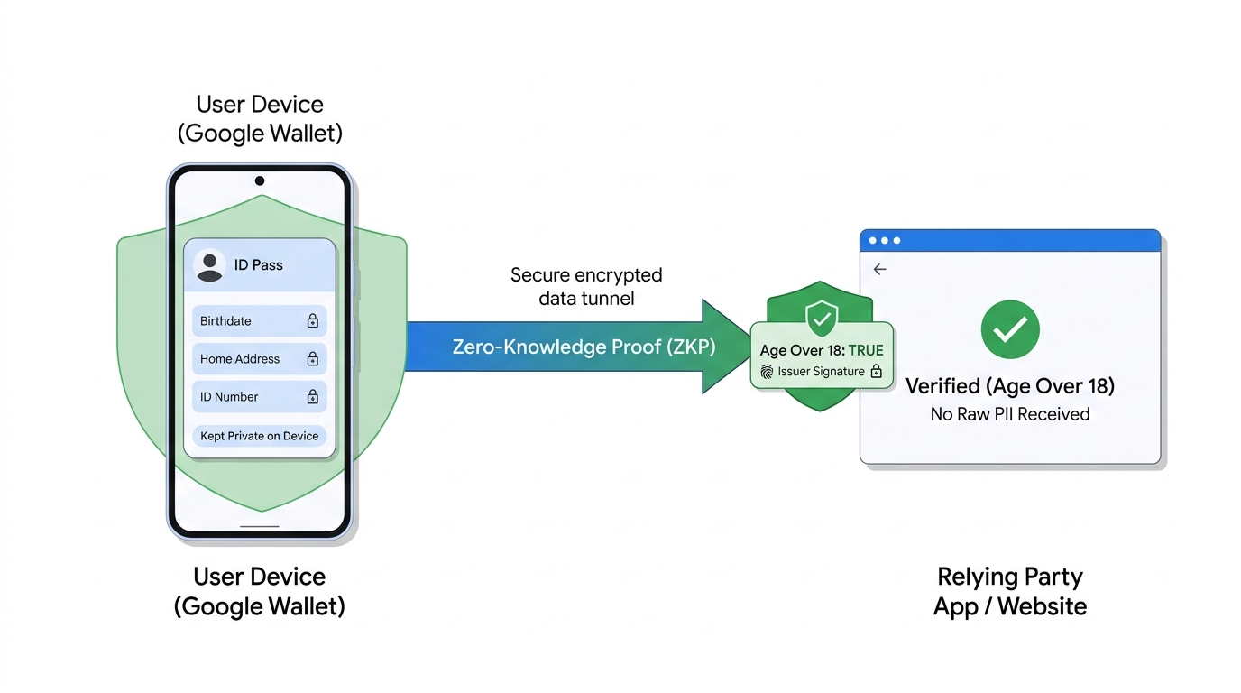 Zero-Knowledge Proof keeping personal identity attributes private on the user device while sharing age verification with a relying party