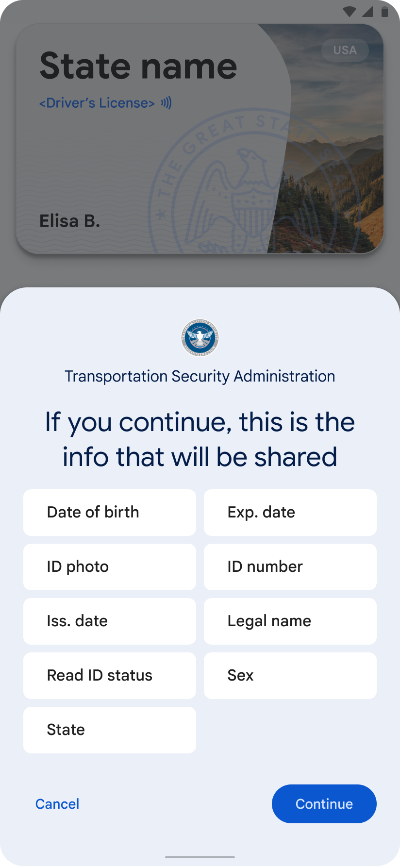 Nama pihak tepercaya dan daftar kolom data yang diminta.
