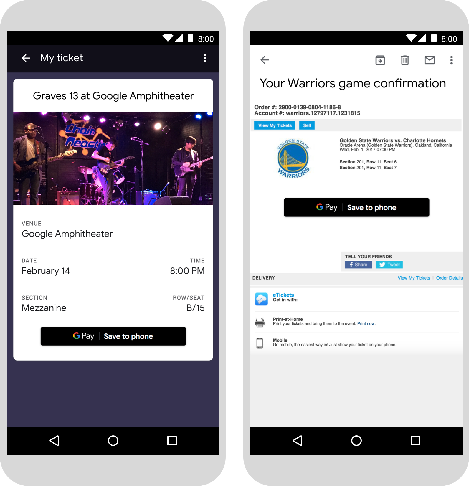Exemples de pages Web sur smartphone avec bouton "Enregistrer dans Google Pay"