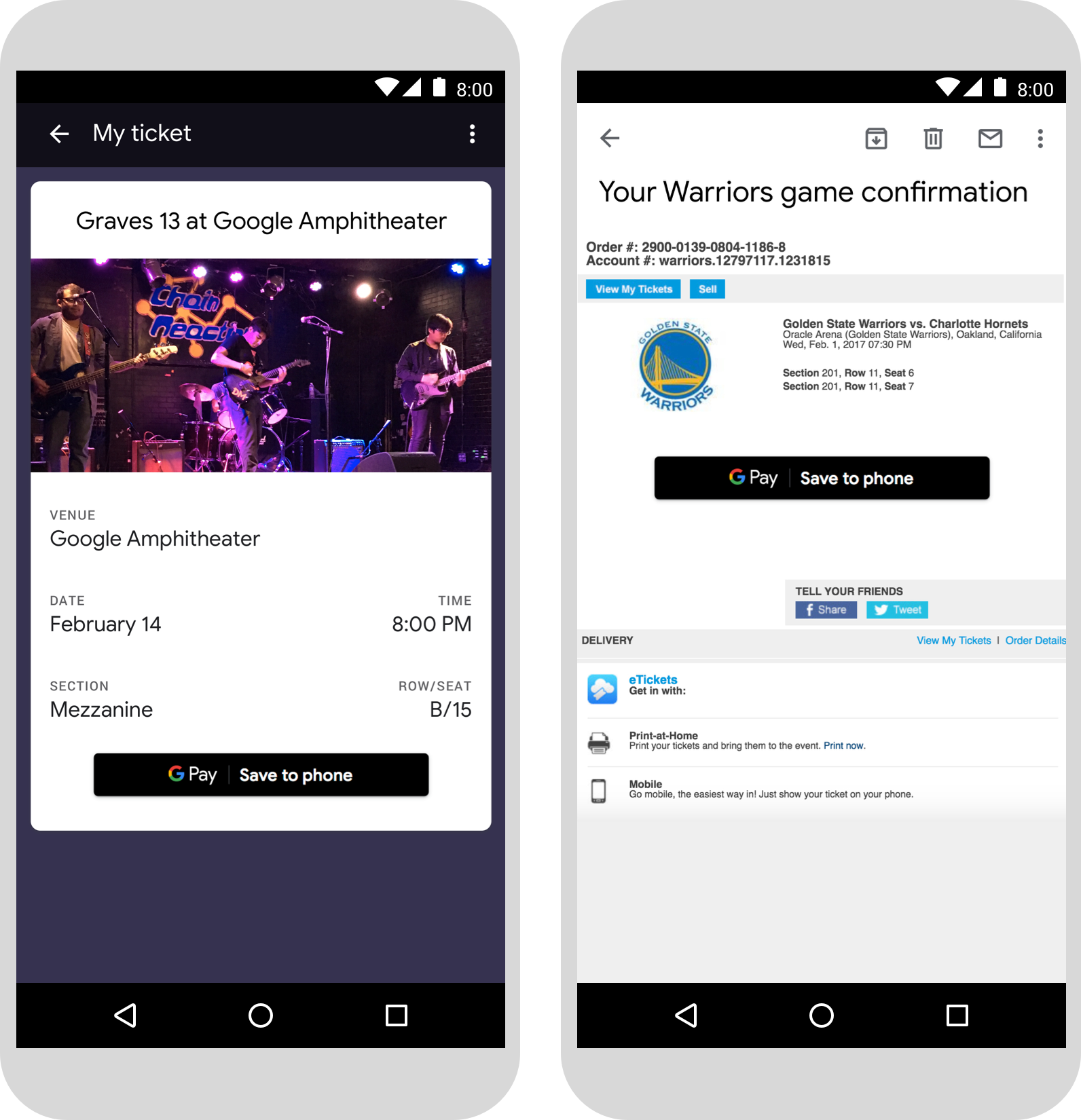 Ejemplos de páginas web de smartphones con el botón Guardar en Google Pay