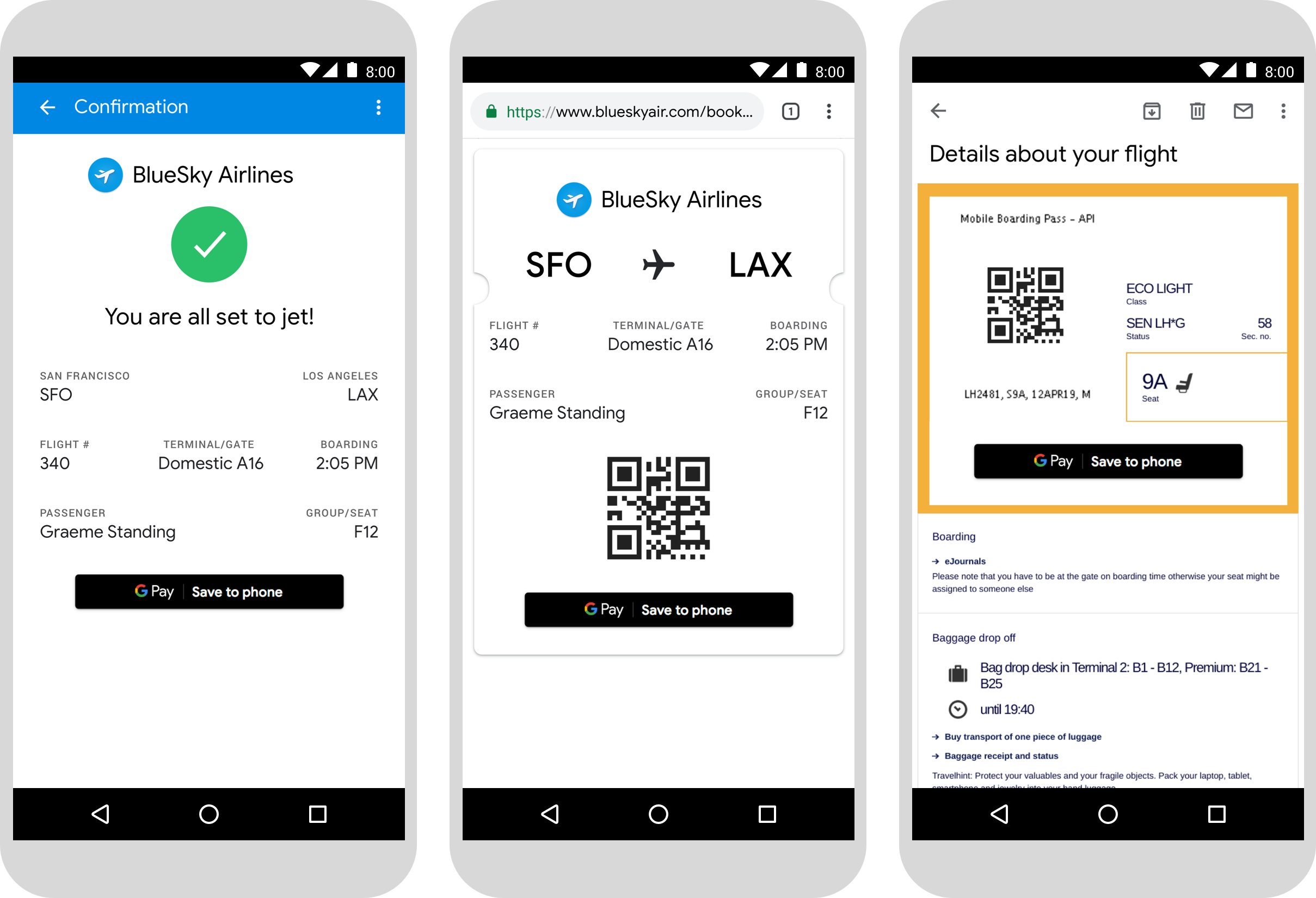 Ejemplos de páginas web para smartphones que muestran tarjetas de embarque con el botón Guardar en Google Pay
