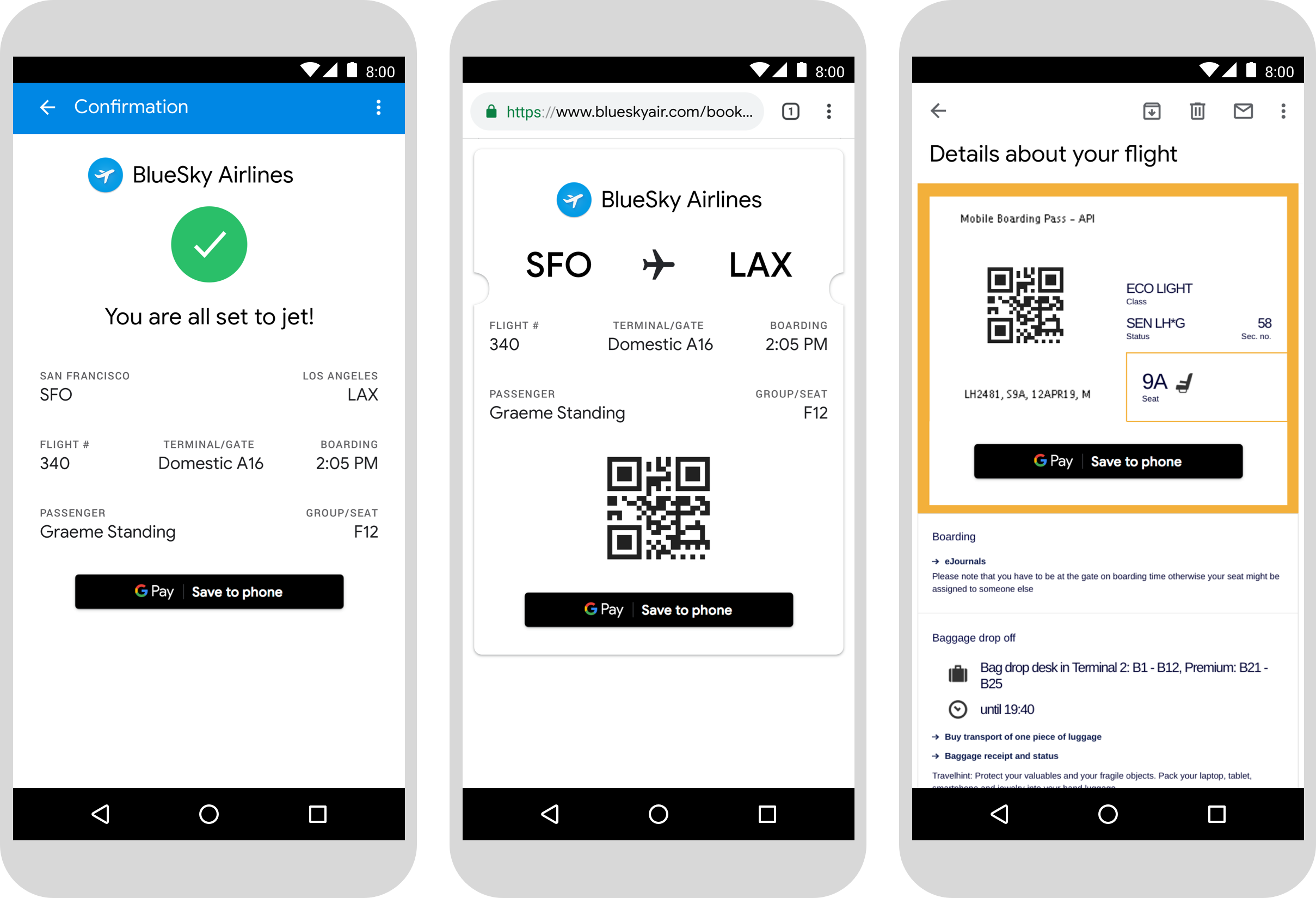 Exemples de pages Web sur smartphone affichant des cartes d'embarquement avec le bouton "Enregistrer dans Google Pay"