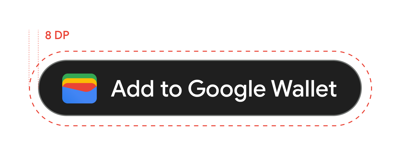 دکمههای افزودن به Google Wallet باید از هر طرف 8 dp فضا داشته باشند.