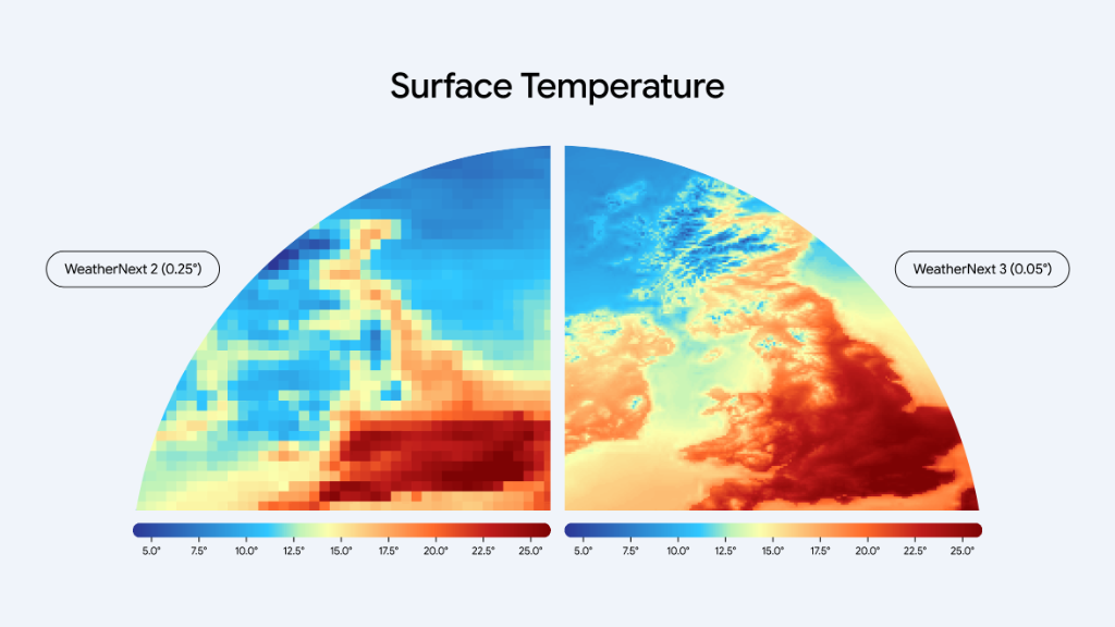 Surface temperature resolution comparison between WeatherNext 2 (0.25°) and WeatherNext 3 (0.05°)