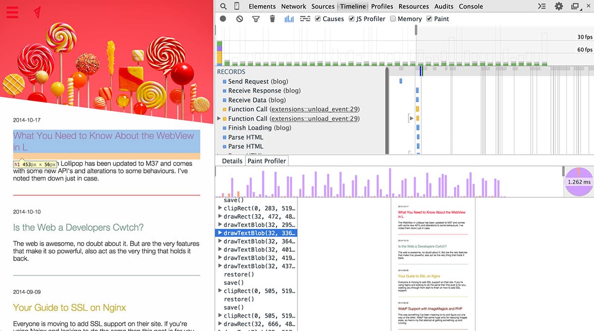 اسکرین شات از Paint Profiler در Chrome DevTools