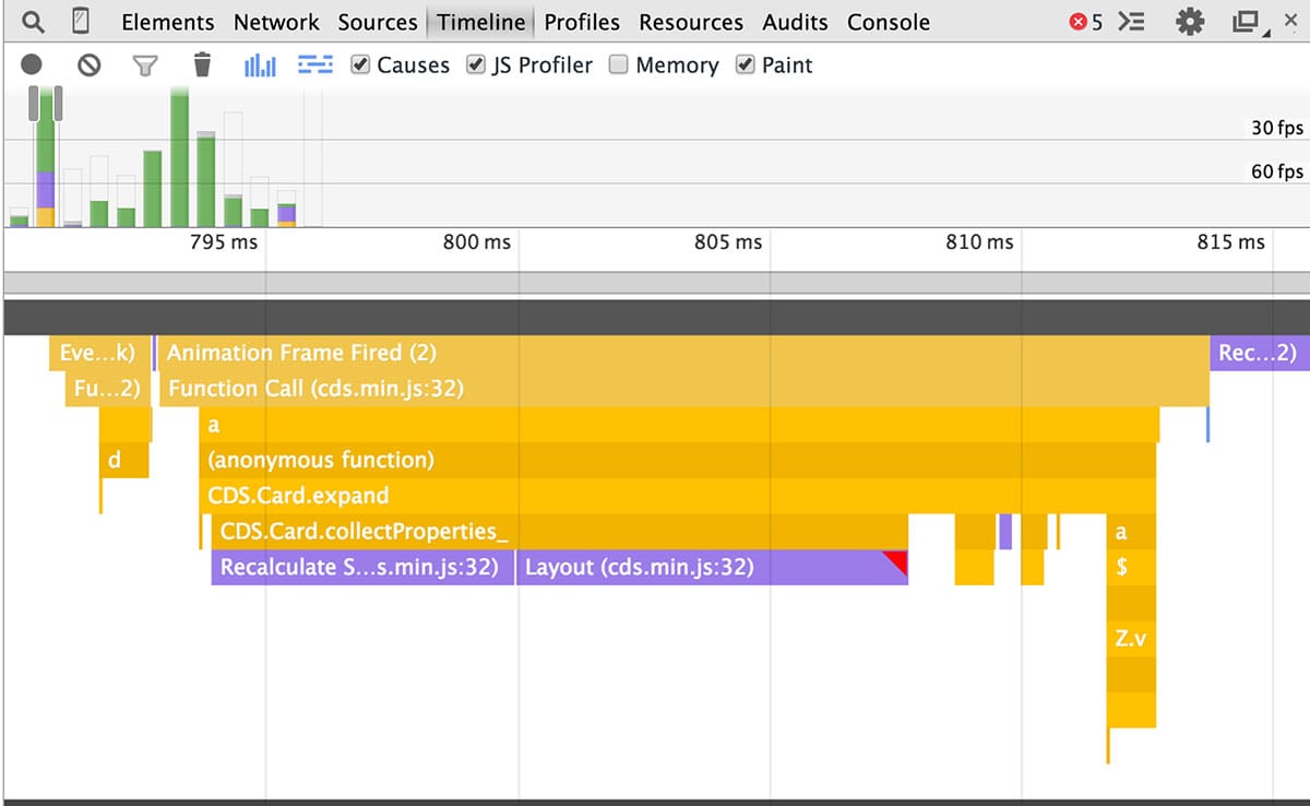Chrome DevTools의 Flame Chart 뷰 스크린샷