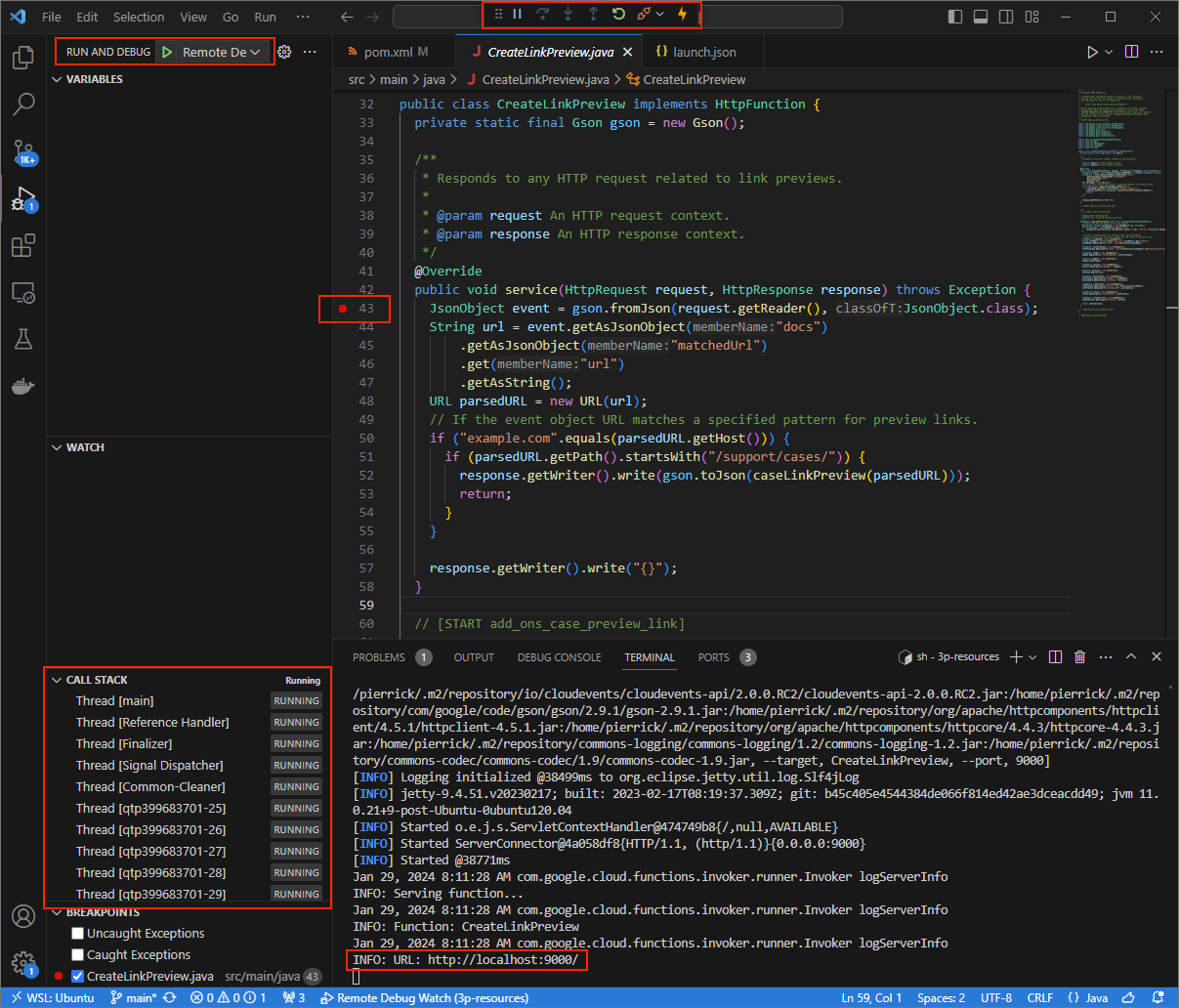 Die Anwendung wird ausgeführt und überwacht Port 9000 auf HTTP-Anfragen.