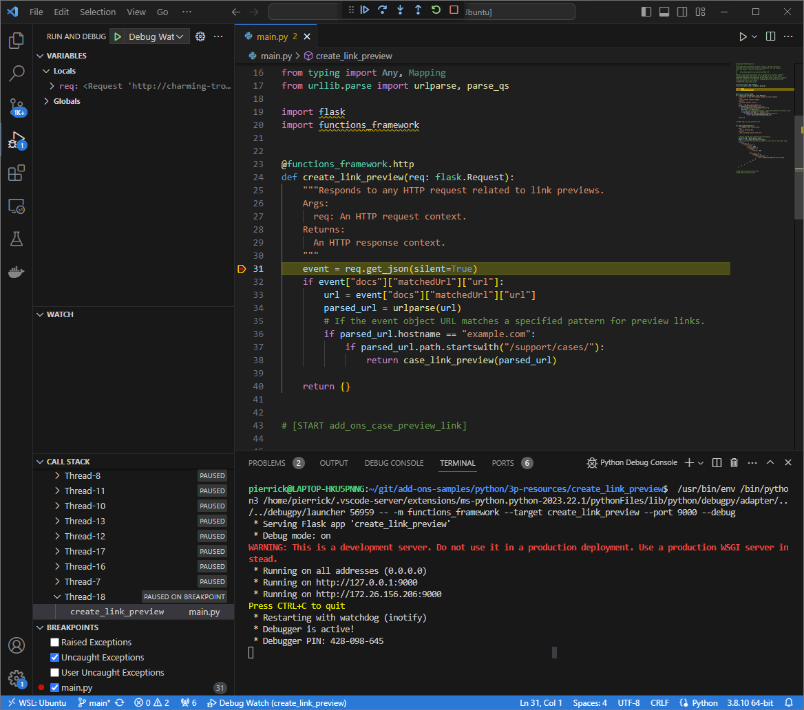 L'exécution est suspendue au niveau du point d'arrêt défini.