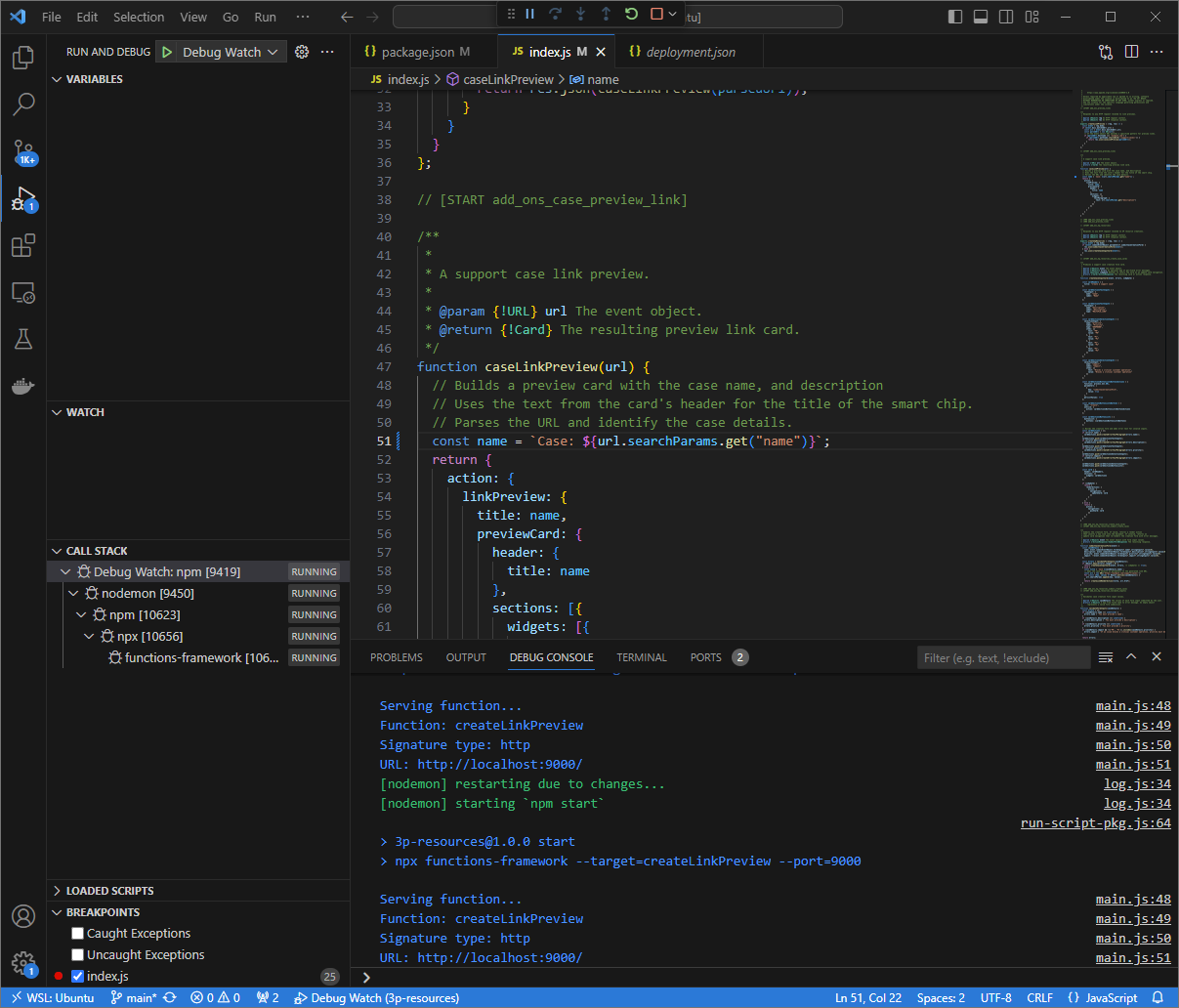 The application is running and listening for HTTP requests on port 9000 with the code change loaded.