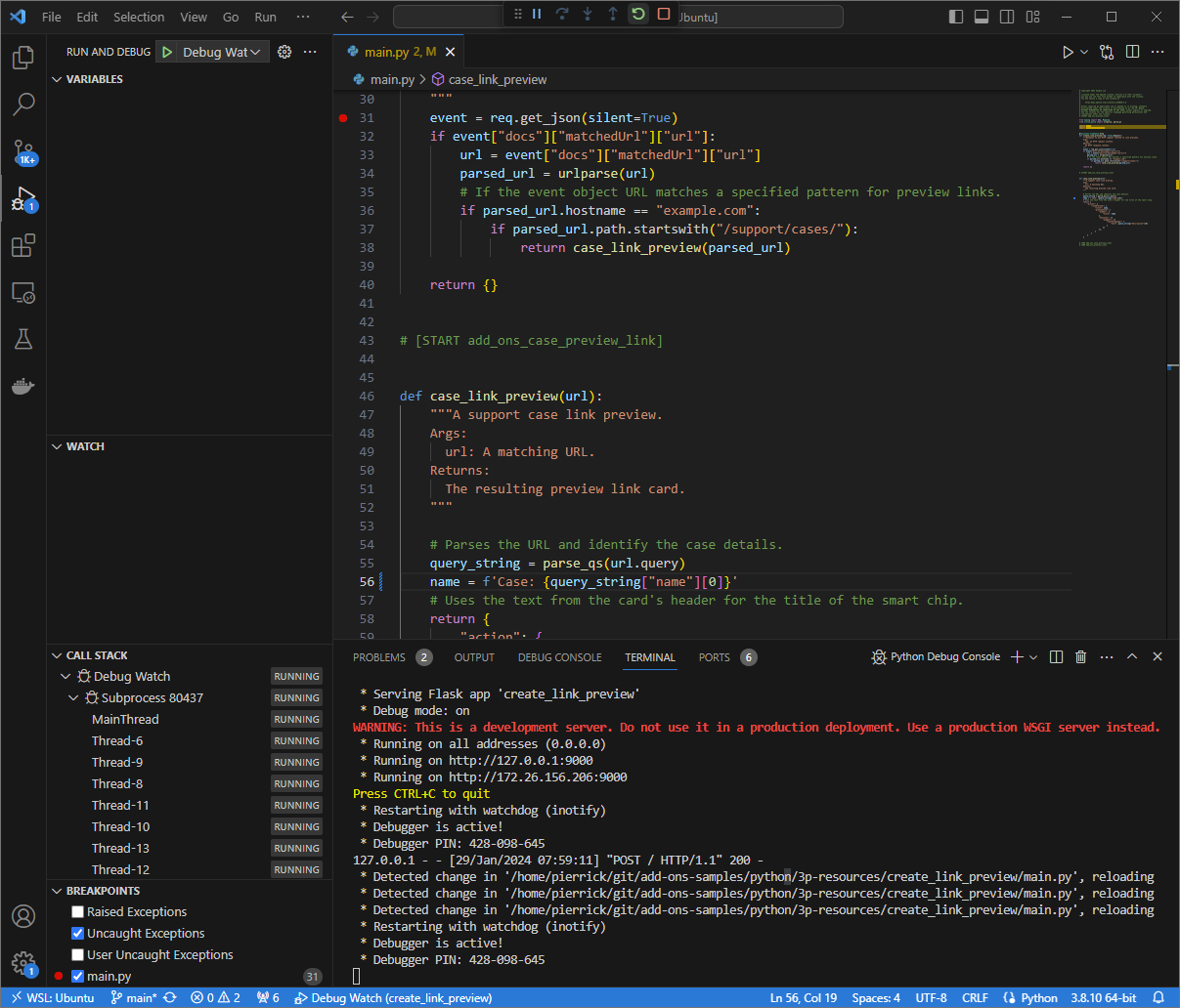 The application is running and listening for HTTP requests on port 9000 with the code change loaded.