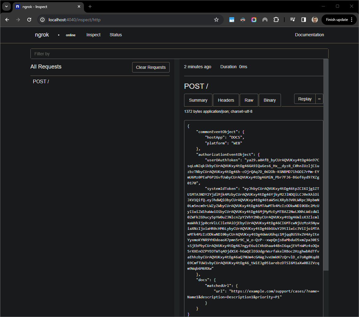La richiesta HTTP dall'interfaccia web ospitata dall'applicazione ngrok.