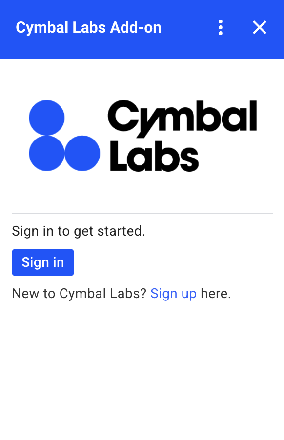 Eine benutzerdefinierte Autorisierungskarte für Cymbal Labs mit dem Logo des Unternehmens, einer Beschreibung und einer Schaltfläche zum Anmelden.