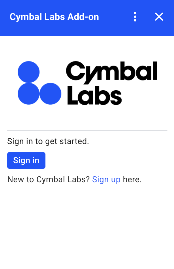 Una scheda di autorizzazione personalizzata per Cymbal Labs che include il logo
  dell&#39;azienda, una descrizione e un pulsante di accesso.
