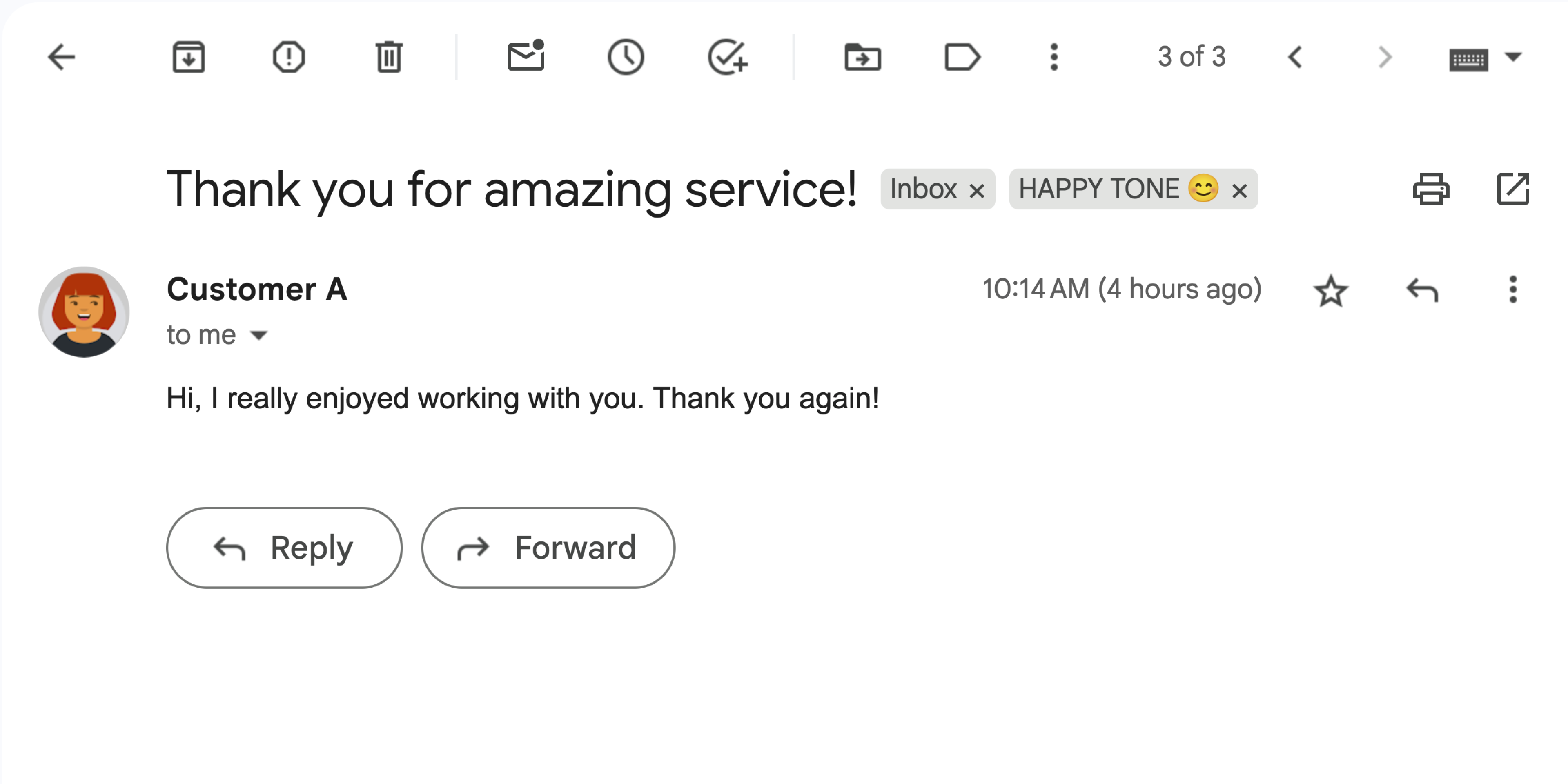 Un mensaje de Gmail con un sentimiento feliz.