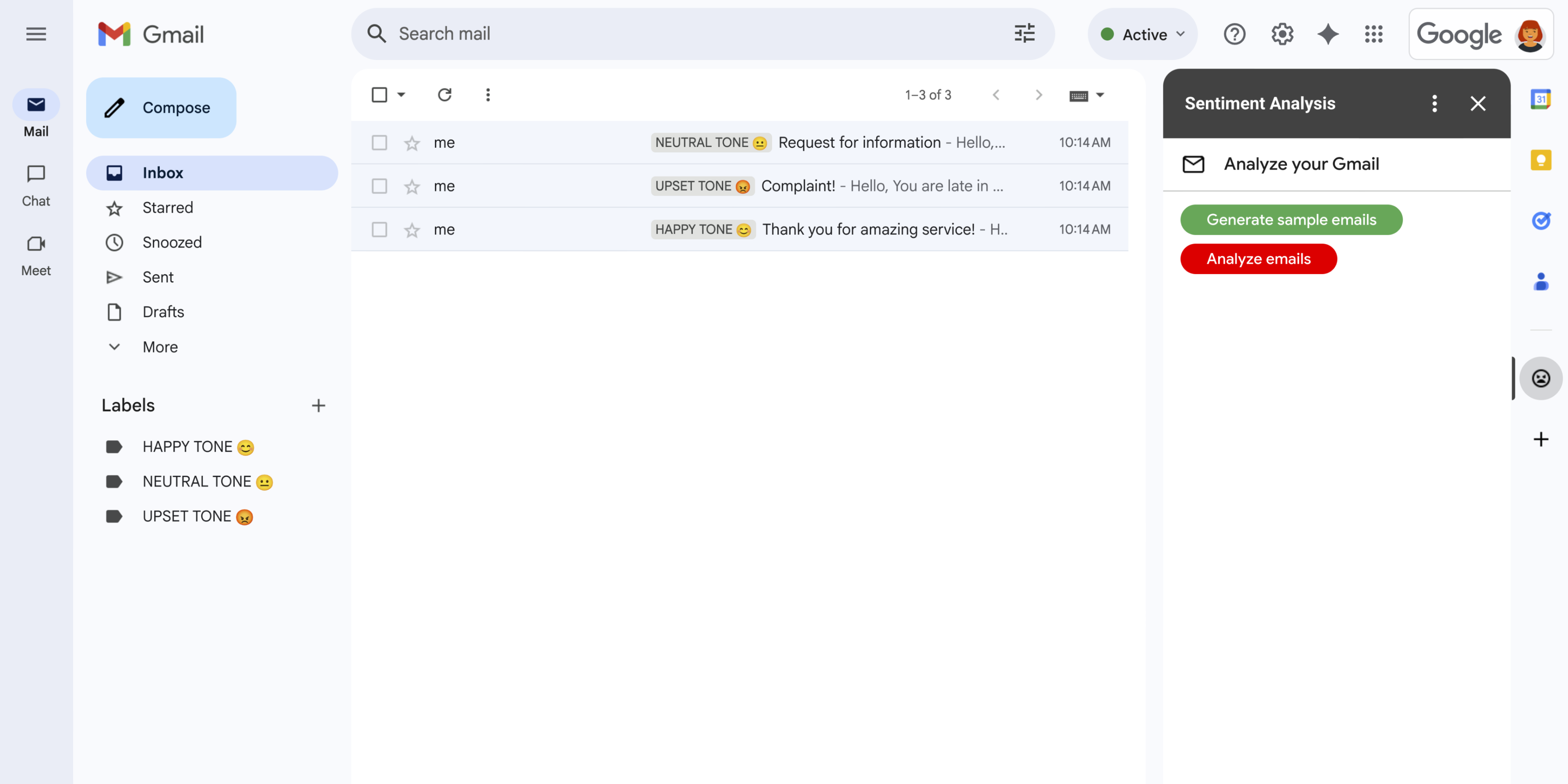 在侧边栏中扩展 Gmail 的 Google Workspace 插件。