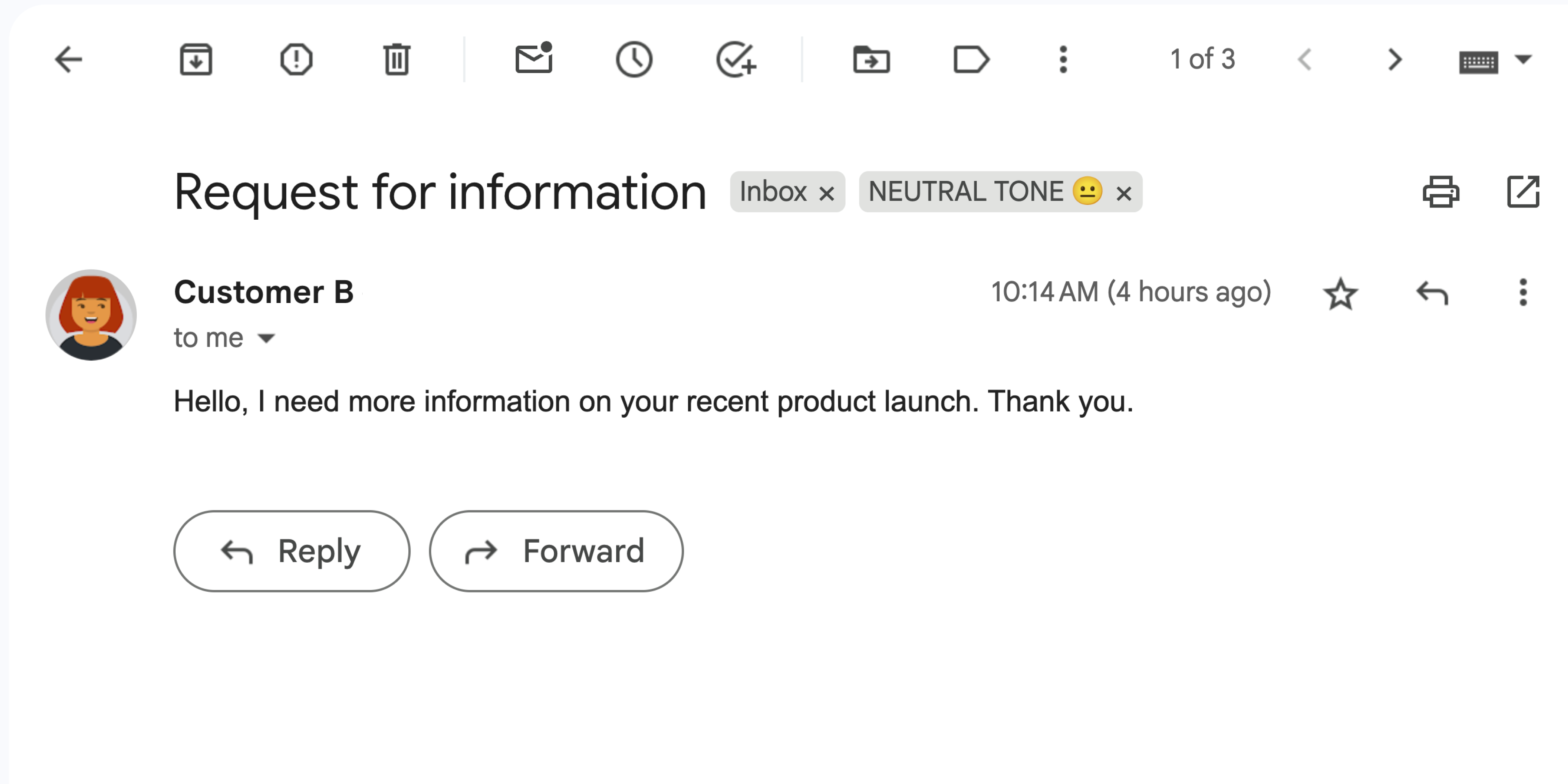 Un mensaje de Gmail con un sentimiento neutro.