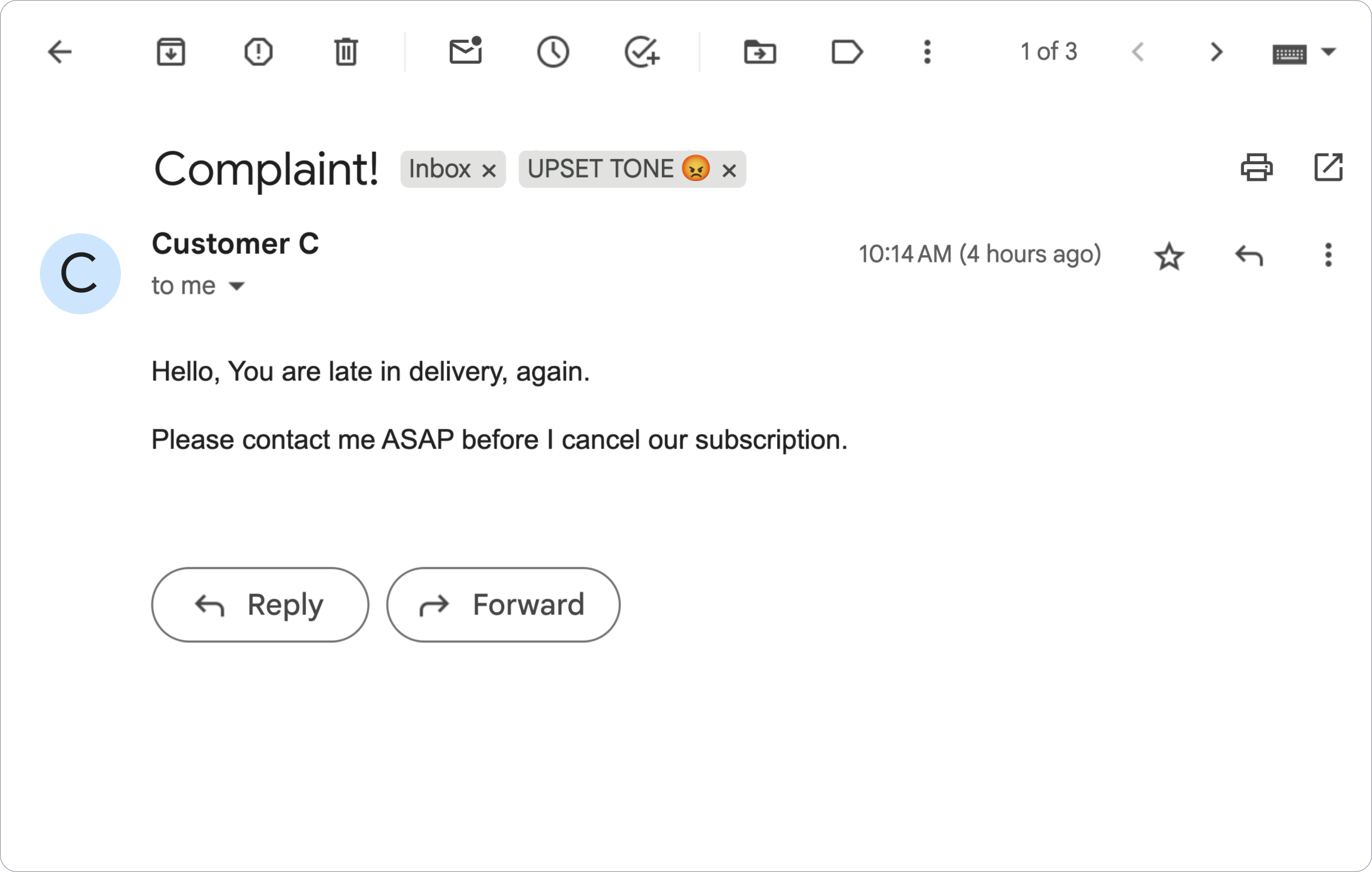 Un messaggio Gmail con un sentimento negativo.
