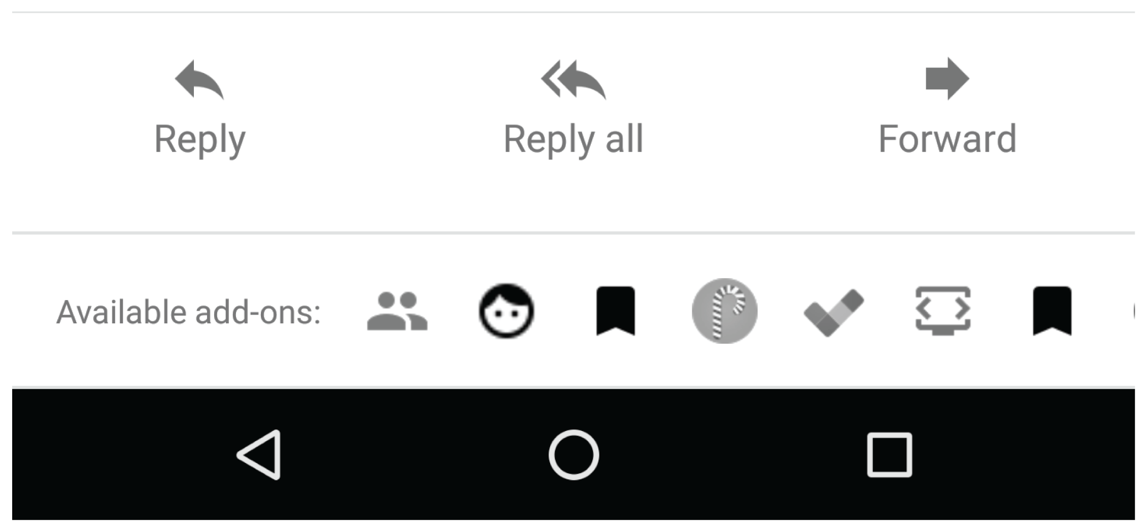 在行動裝置上,已安裝的擴充功能圖示會顯示在 Gmail 郵件底部。