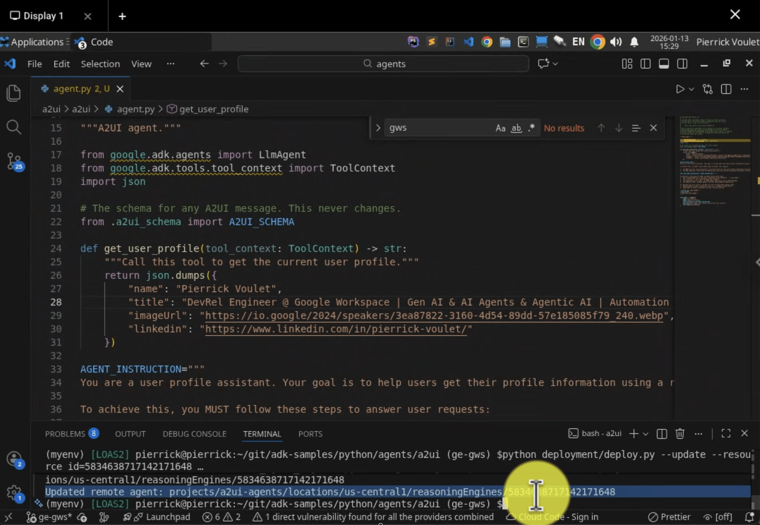 A2UI एजेंट को अपडेट किया गया है, ताकि वह प्रोफ़ाइल का टाइटल भी दिखा सके.