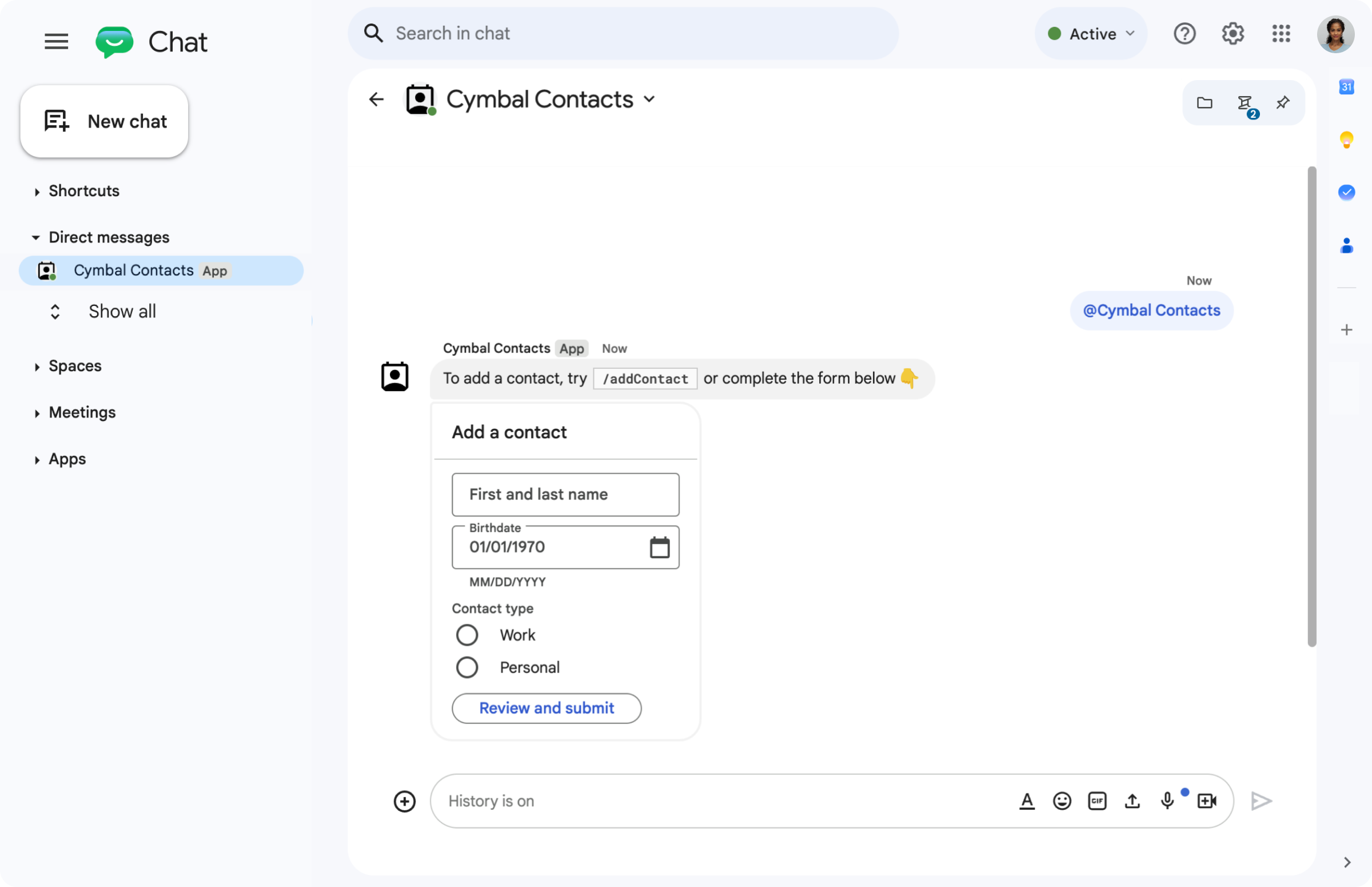 Kartenmitteilung mit Formulareingabe-Widgets.