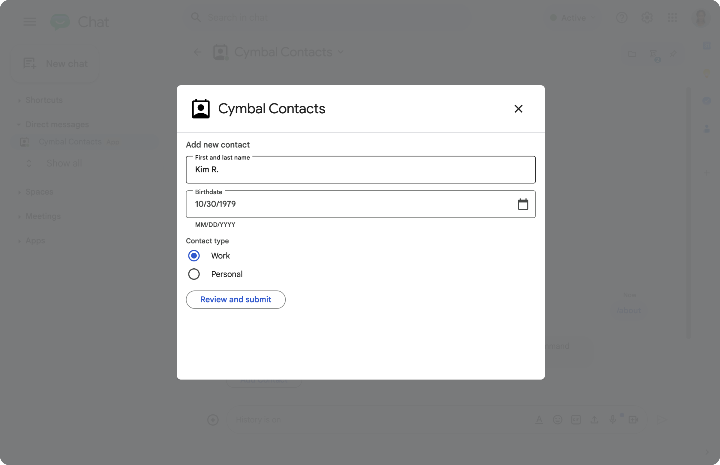 Formulario de contacto en un diálogo.