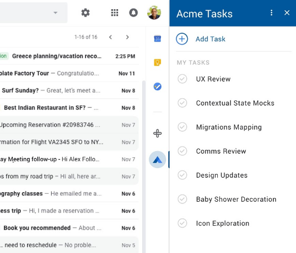 Barre latérale Google Workspace affichant les icônes des modules complémentaires Google Workspace installés