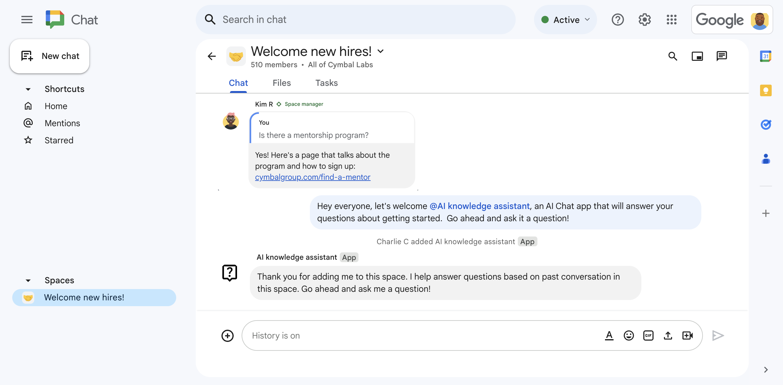 Si mencionas la app de asistente de conocimiento de IA, se agregará a un espacio.
