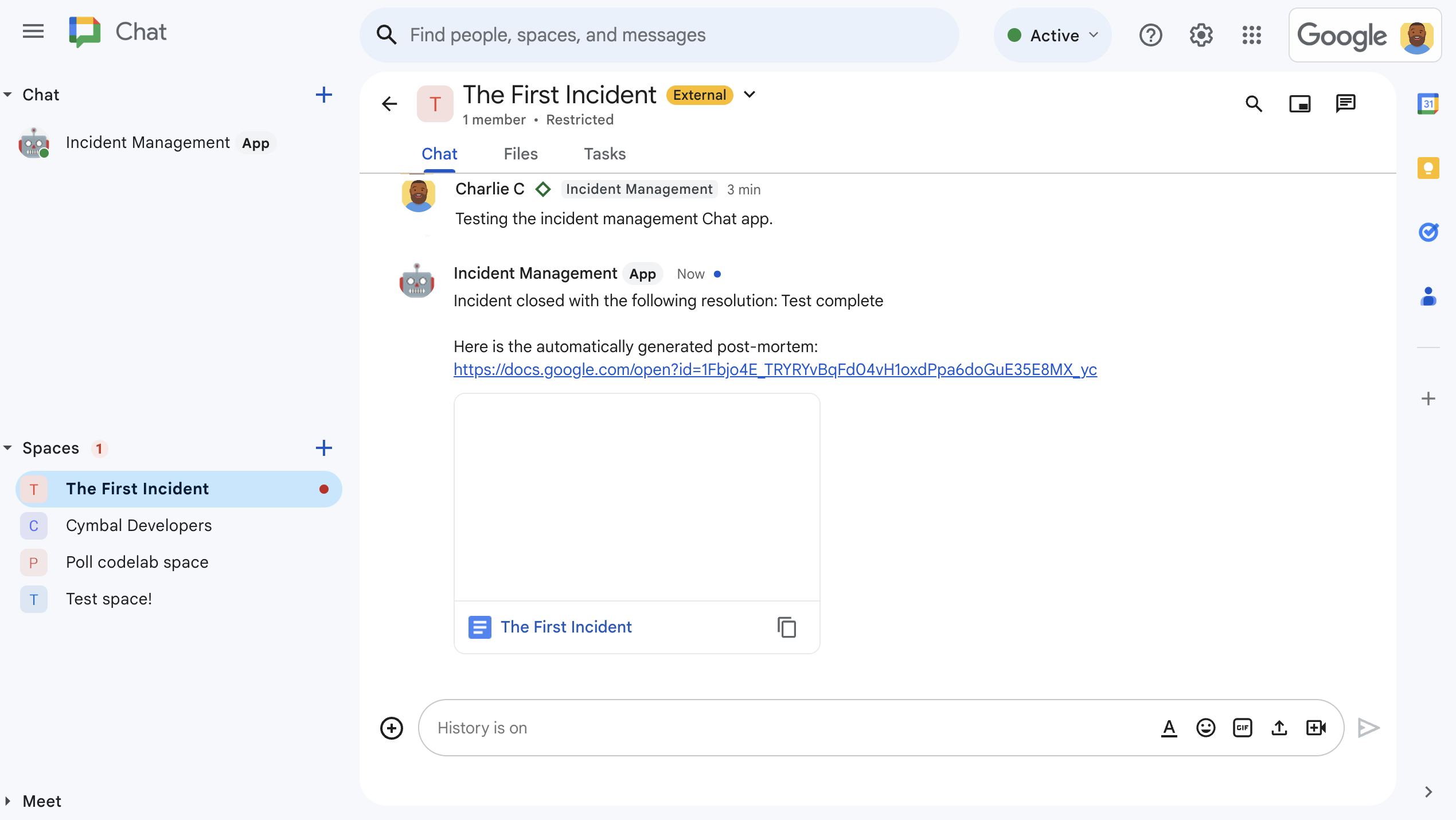 Google Docs-Dokument zur Vorfallbehebung, das im Gruppenbereich freigegeben wurde.