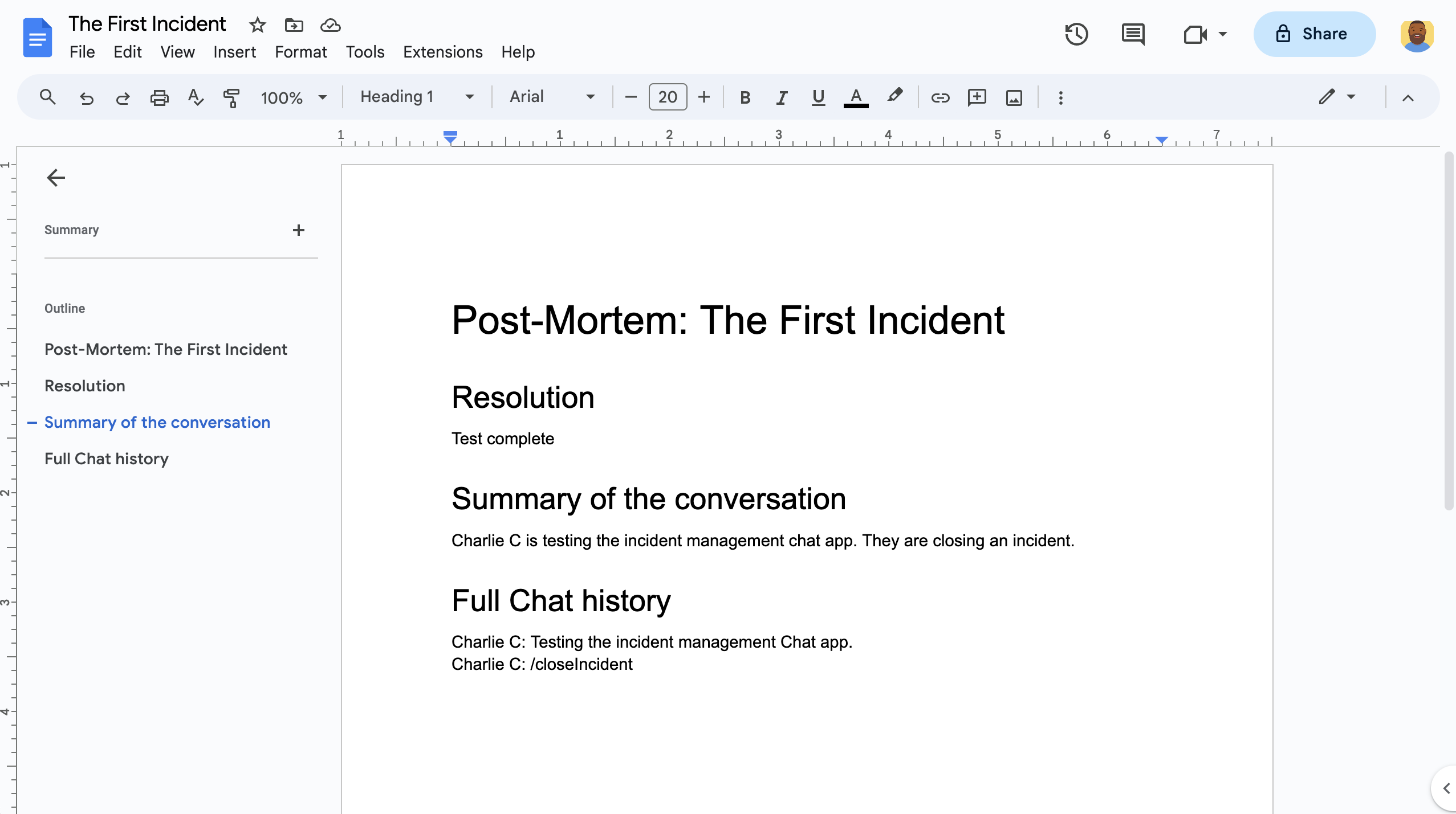 Das Google-Dokument zur Behebung von Vorfällen mit KI-Zusammenfassung.