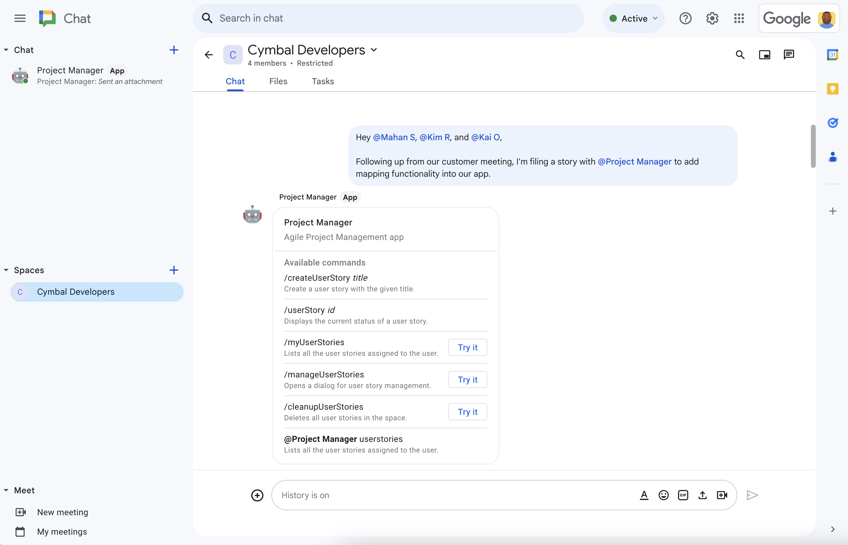 Si vous mentionnez l'application de gestion de projet, elle vous proposera de l'aide.