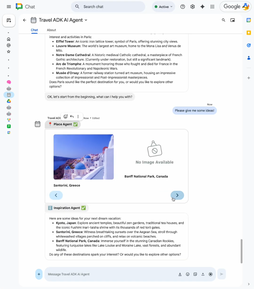 Chat の AI エージェントを使用して旅行のアイデアをブレインストーミングする。