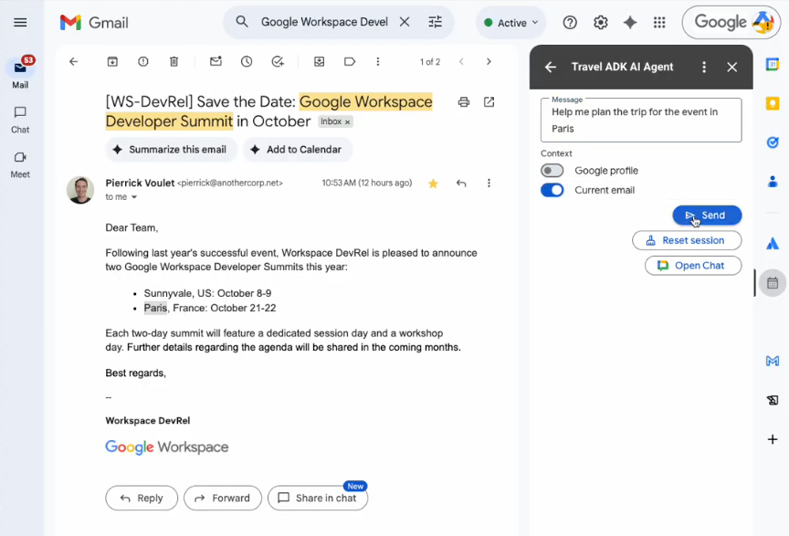 Der KI-Agent in Gmail wird verwendet, um eine Reise auf Grundlage des Kontexts der ausgewählten E‑Mail zu planen.