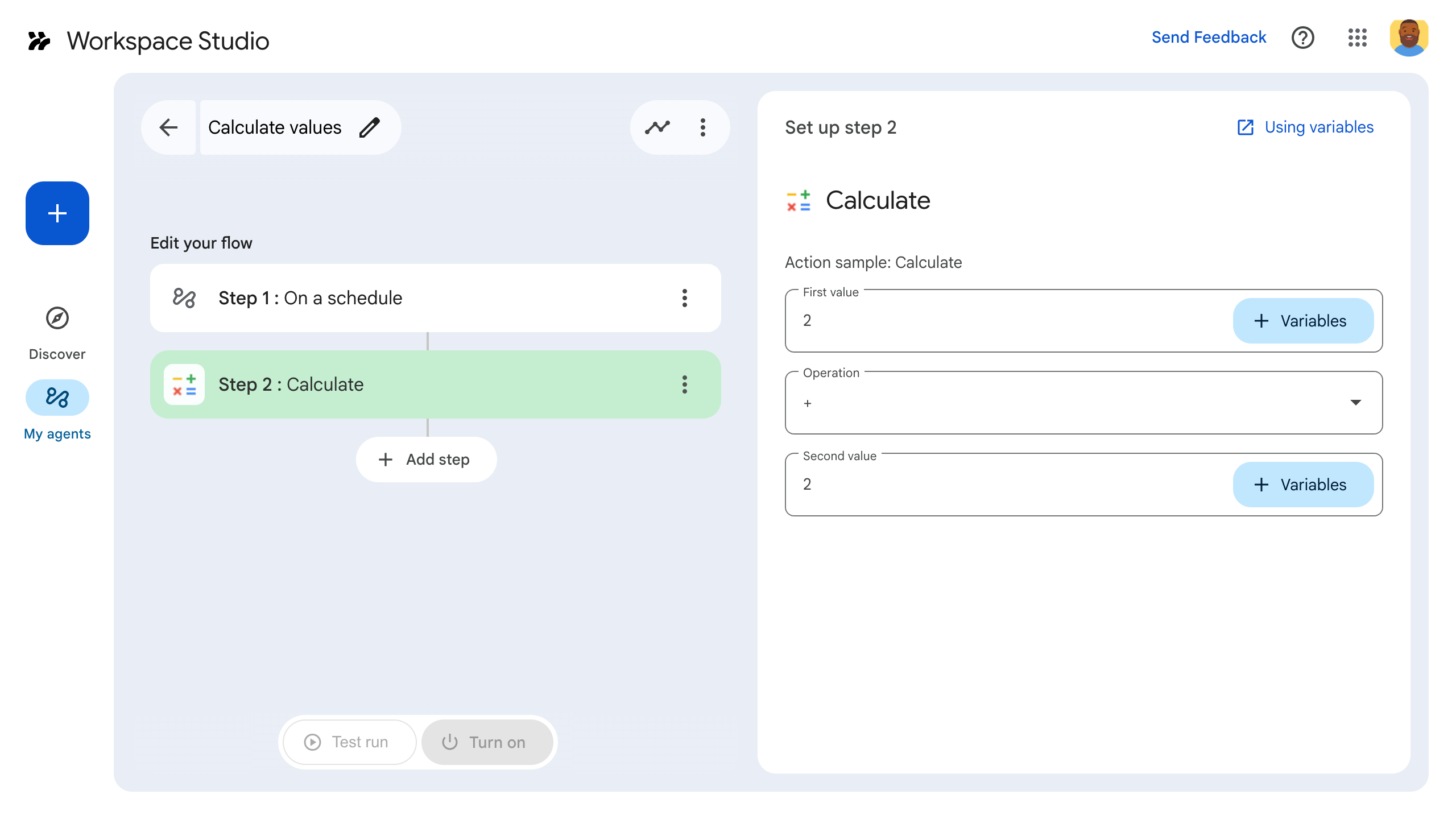 A user configures the calculator step as part of an agent.
