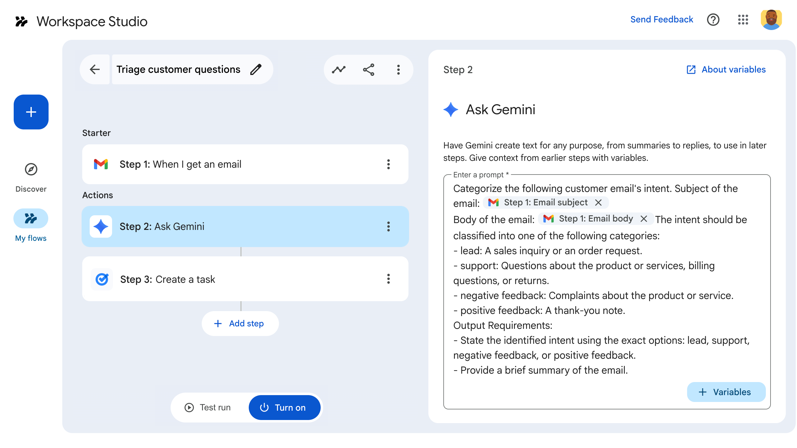 Flows interface displaying steps to receive customer emails, prompt Gemini, and create follow-up tasks.