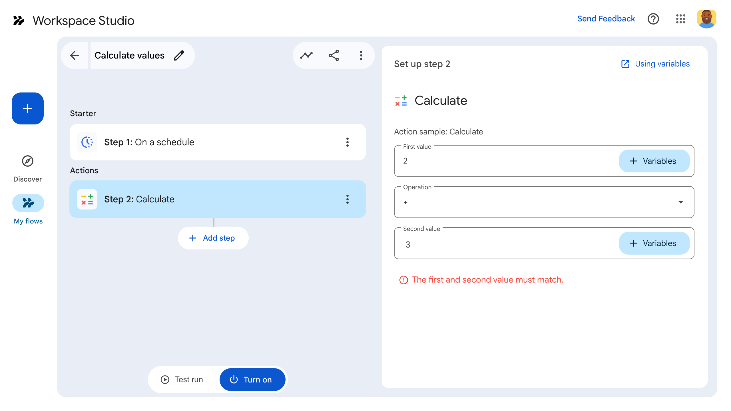 Khi failCondition được đáp ứng (đầu vào không bằng nhau), tiện ích thông báo lỗi sẽ được đặt thành VISIBLE và xuất hiện.