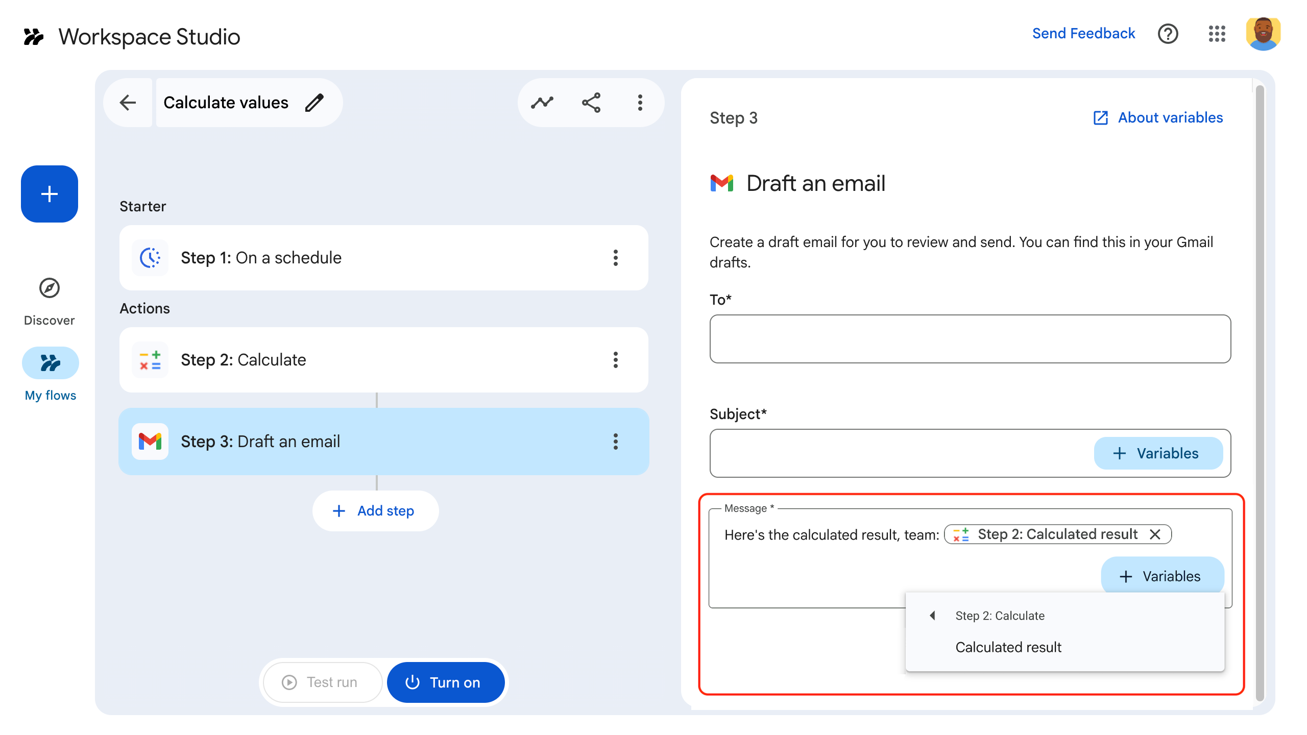 Il menu delle variabili consente agli utenti di selezionare le variabili di output dei passaggi precedenti.