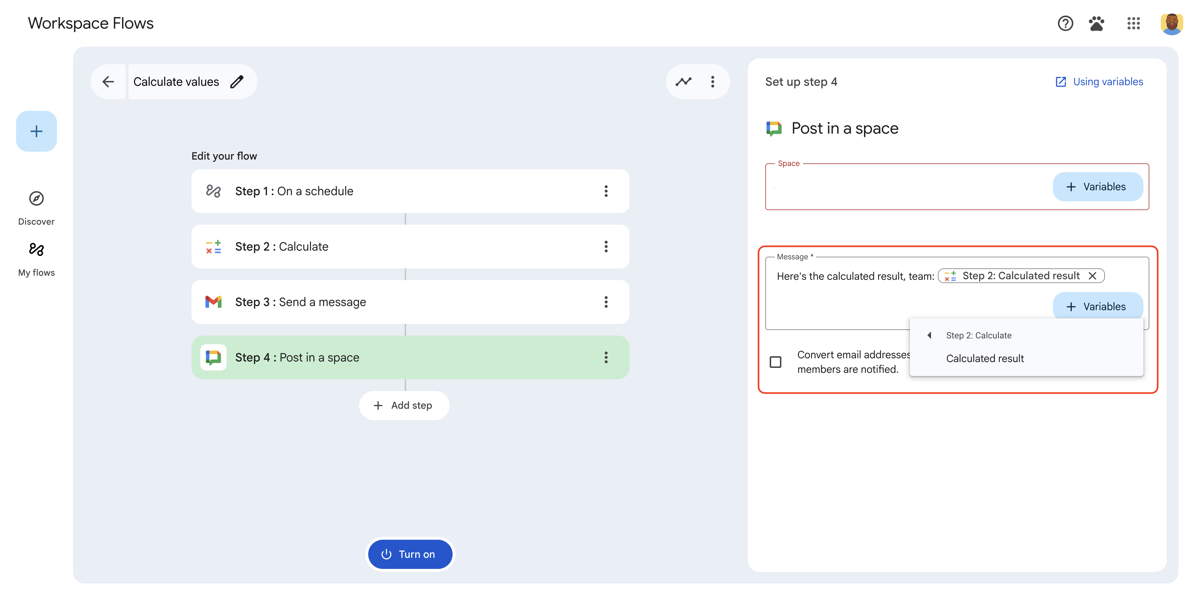 No menu "Variáveis", os usuários podem selecionar variáveis de saída das etapas anteriores.