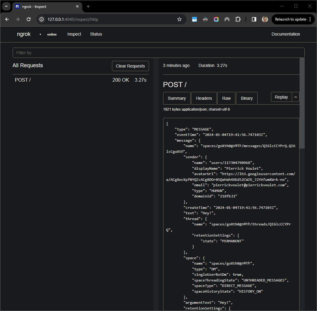 The HTTP request from the web interface hosted by the `ngrok`
application