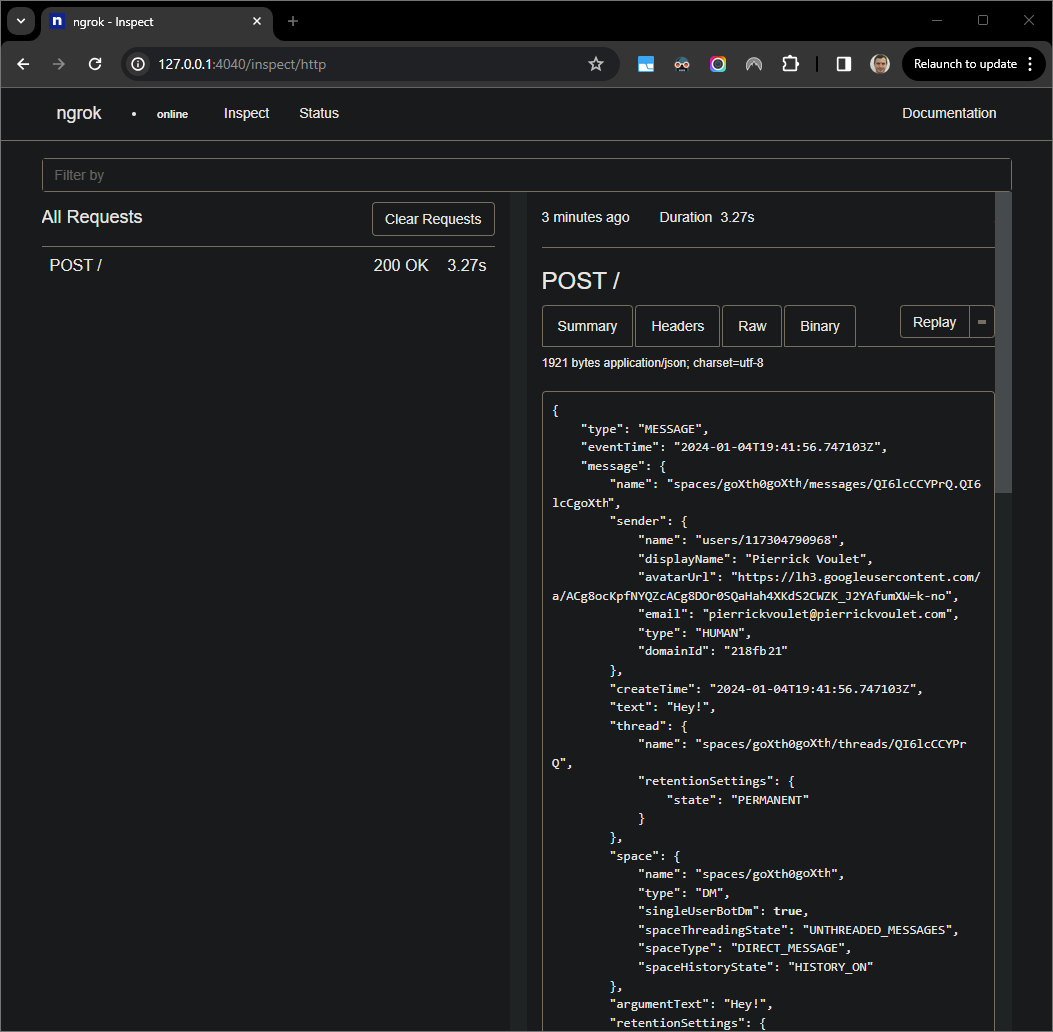 คำขอ HTTP จากอินเทอร์เฟซเว็บที่โฮสต์โดยแอปพลิเคชัน `ngrok`
