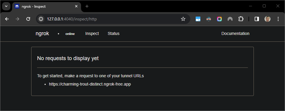 The web interface hosted by the `ngrok` application showing no HTTP
requests
