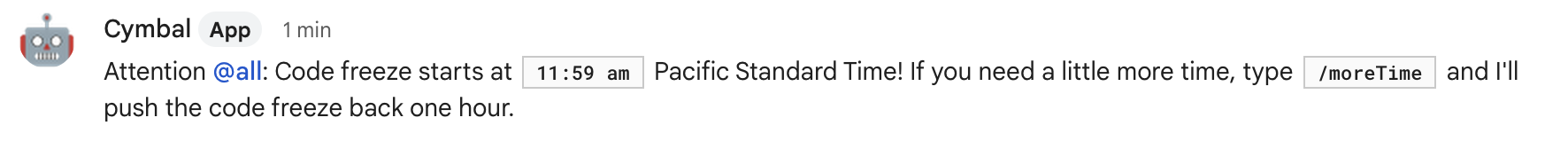 Exemplo de mensagem de texto no Google Chat anunciando o congelamento de código.