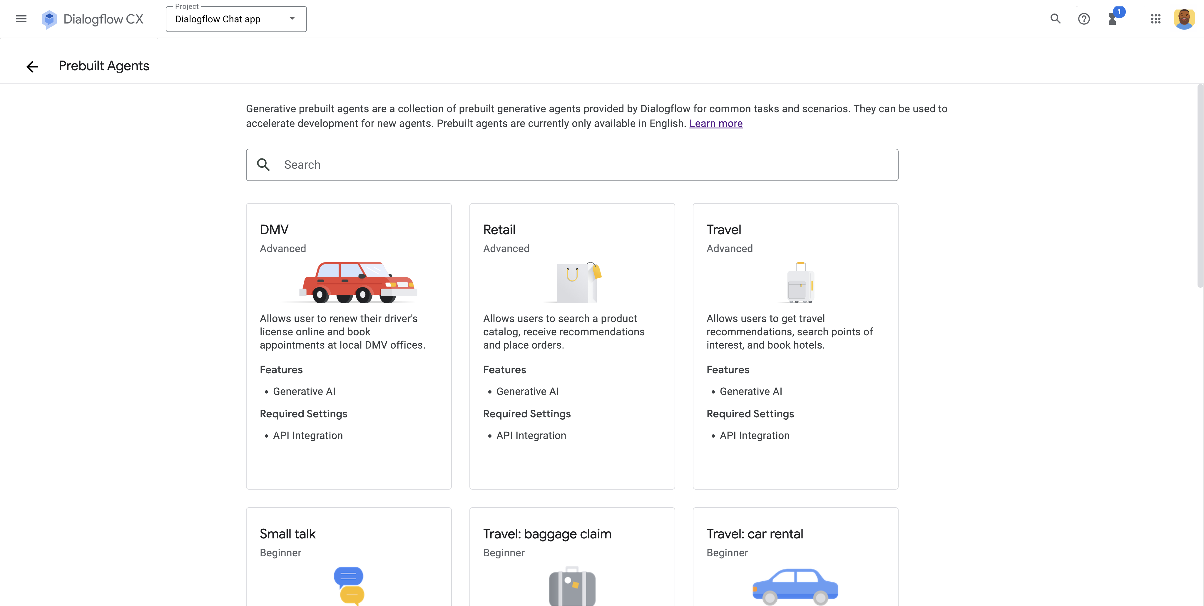 صفحة اختيار وكيل Dialogflow المُعدّ مسبقًا