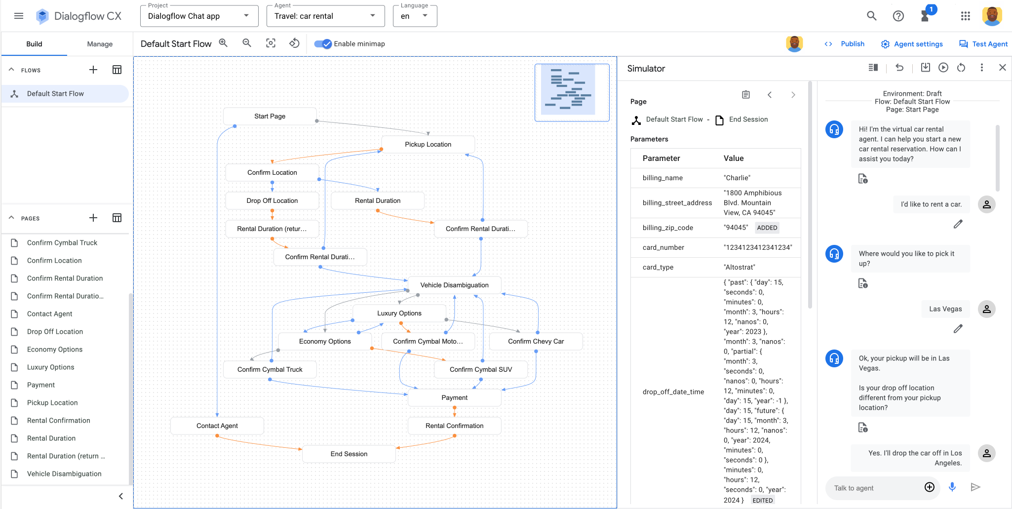 Dialogflow CX'te temsilciyi test etme.